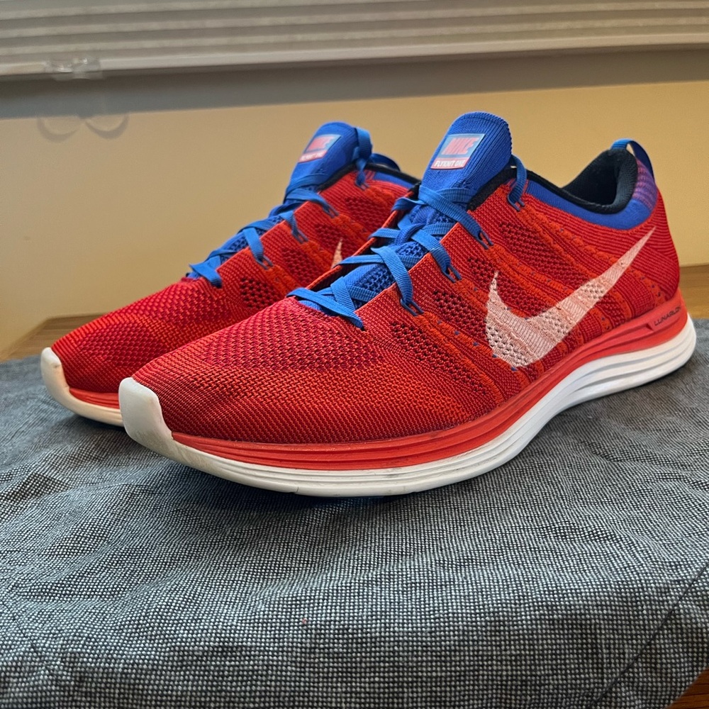 New Nike Men's Flyknit One+ Running Shoes Red/Blue | size 13